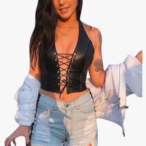 Black Faux Leather Lace Up Crop Top